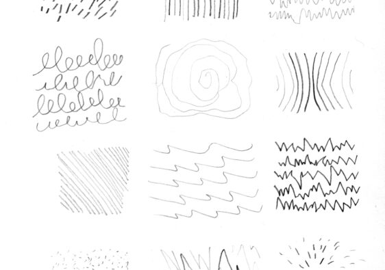 Viele unterschiedliche Striche und kleine Muster, die mit einem Bleistift auf Papier gezeichnet wurden, zur Verdeutlichung der Strichführung