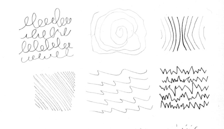 Viele unterschiedliche Striche und kleine Muster, die mit einem Bleistift auf Papier gezeichnet wurden, zur Verdeutlichung der Strichführung