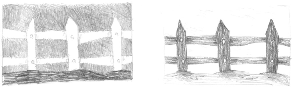 Zwei Zeichnungen eines Zauns in denen einmal der Hintergrund und einmal der Vordergrund betont gezeichnet wurde als Beispiel für unterschiedliche Betonungen von Figur und Grund