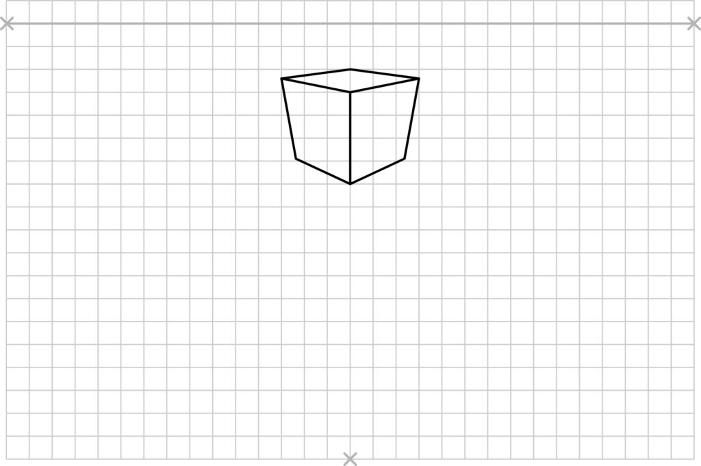 Zeichnung eines Würfels in der Fluchtpunktperspektive mit drei Fluchtpunkten