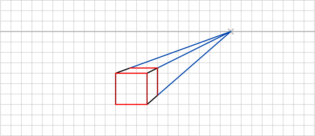 Ein Würfel dargestellt in der Fluchtpunktperspektive mit einem Fluchtpunkt. Die Fluchtlinien sind blau hervorgehoben.