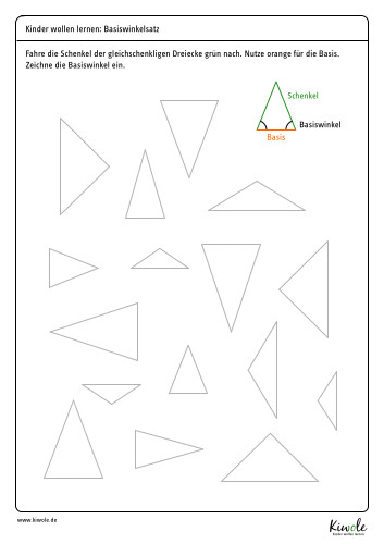 Arbeitsblatt "Schenkel, Basis und Basiswinkel im gleichschenkligem Dreieck"