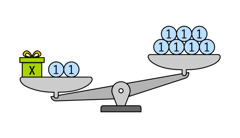 Illustration einer Waage mit einem Geschenkpaket, welches eine Variable symbolisieren soll, sowie Einer-Bällen. Anschauliche Darstellung einer linearen Ungleichung.