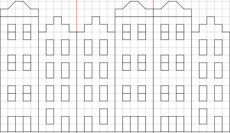 Die Doppelspiegelung verdeutlicht an einer Häuserfront auf Kästchenpapier