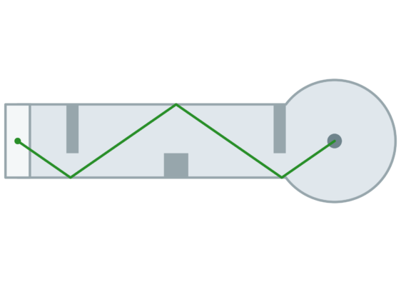 Eine Minigolfbahn, auf der der Weg des Balles verdeutlicht ist. Hier gilt: Einfallswinkel ist gleich Ausfallswinkel