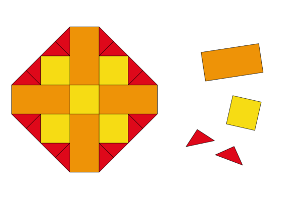 Die Grundformen Rechteck, Quadrat und Dreieck setzen sich zu einem bunten Mandala zusammen