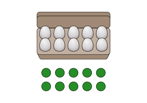Ein Eierkarton mit 2⋅5 Eiern sowie ein Punktebild mit 2⋅5 Punkten