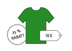 Ein grünes T-Shirt mit einem Preisschild und einem Rabatt-Sticker. Symbolbild für die Prozentrechnung.