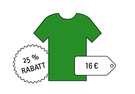 Ein grünes T-Shirt mit einem Preisschild und einem Rabatt-Sticker. Symbolbild für die Prozentrechnung.