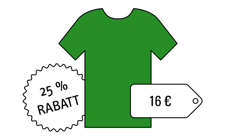 Ein grünes T-Shirt mit einem Preisschild und einem Rabatt-Sticker. Symbolbild für die Prozentrechnung.