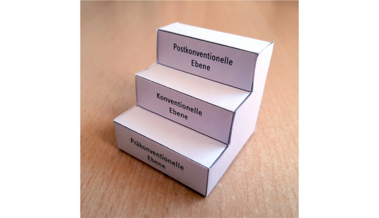 Das Stufenmodell zur moralischen Entwicklung nach Kohlberg visualisiert durch eine Treppe aus Papier