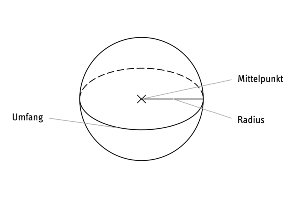 Die Kugel mit markiertem Mittelpunkt, Radius und Umfang