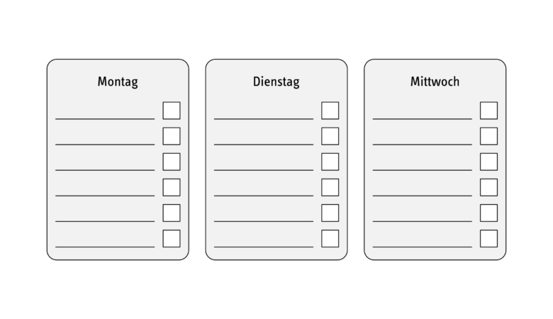 Die Wochentage Montag, Dienstag und Mittwoch versehen mit einer Checkliste zur Planung