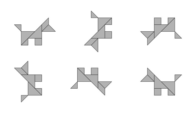 Sechs Tangram-Hunde, die kongruent zueinander sind